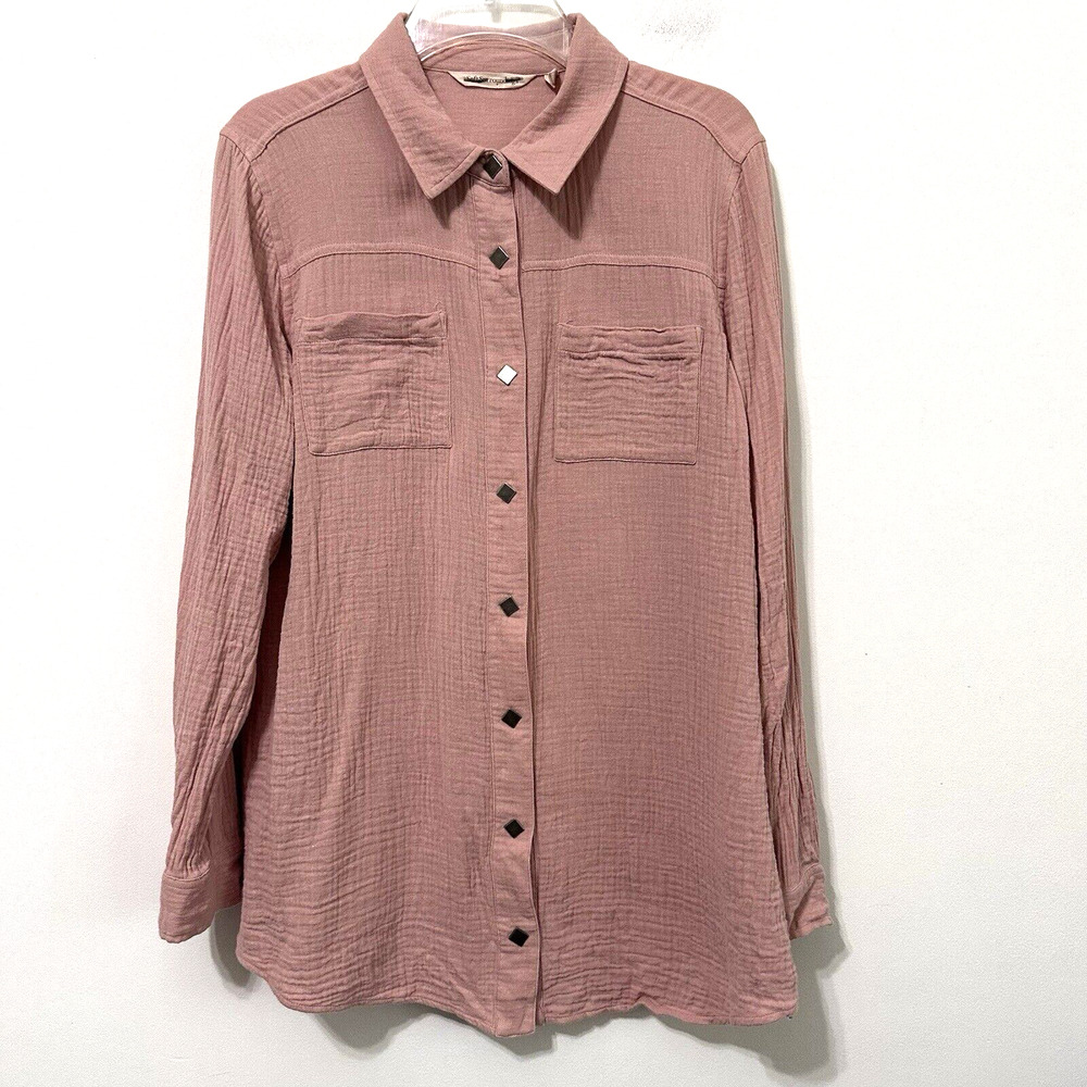 Soft Surroundings Gauzy Tunic M Pink‎ Snap Front Long Sleeve Blouse Classic Top